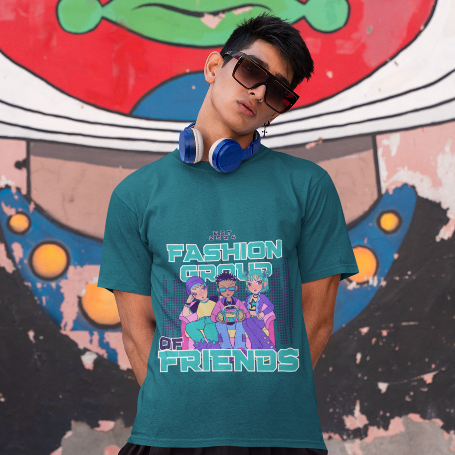 Round Neck “Fashion of Friends” Teal T-Shirt