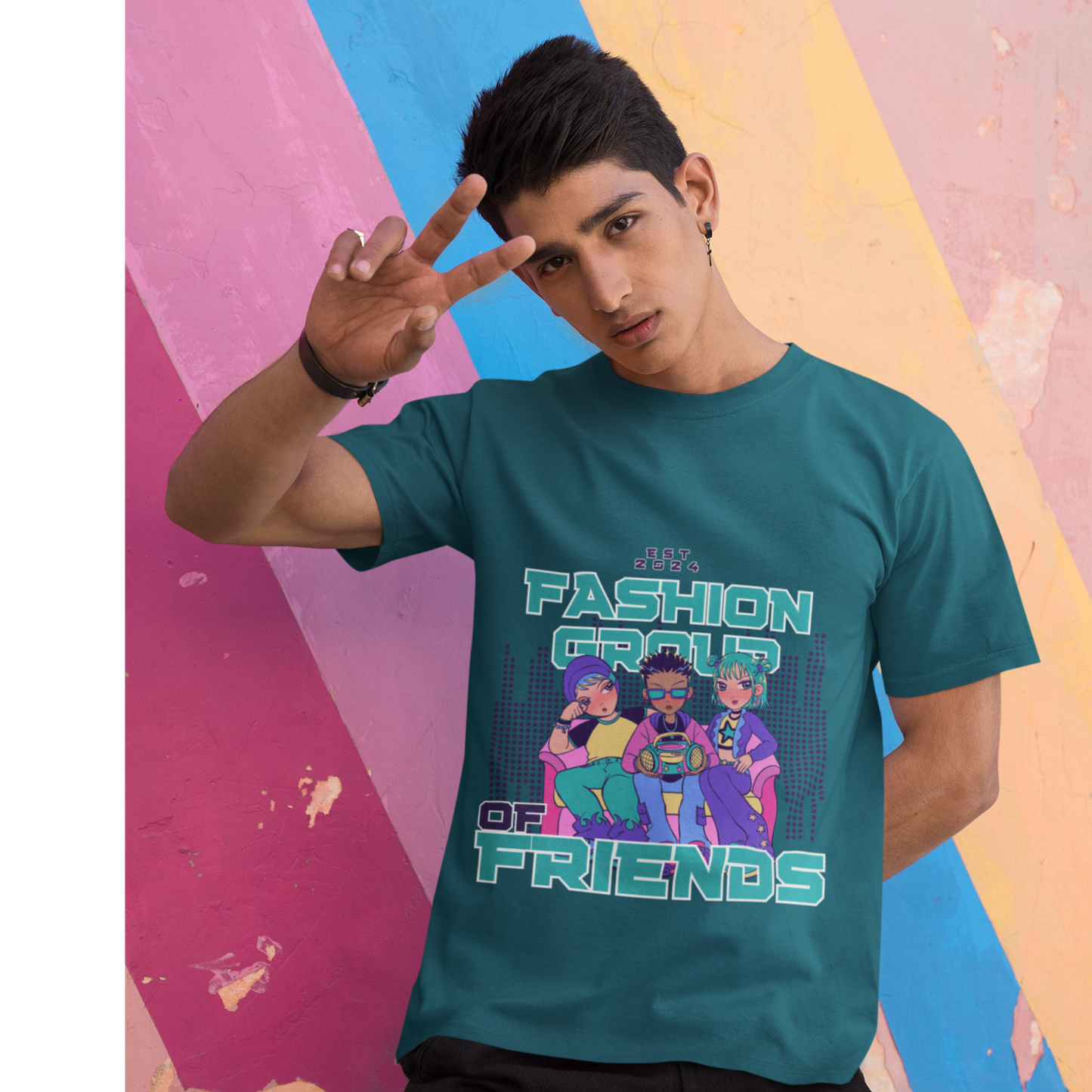 Round Neck “Fashion of Friends” Teal T-Shirt