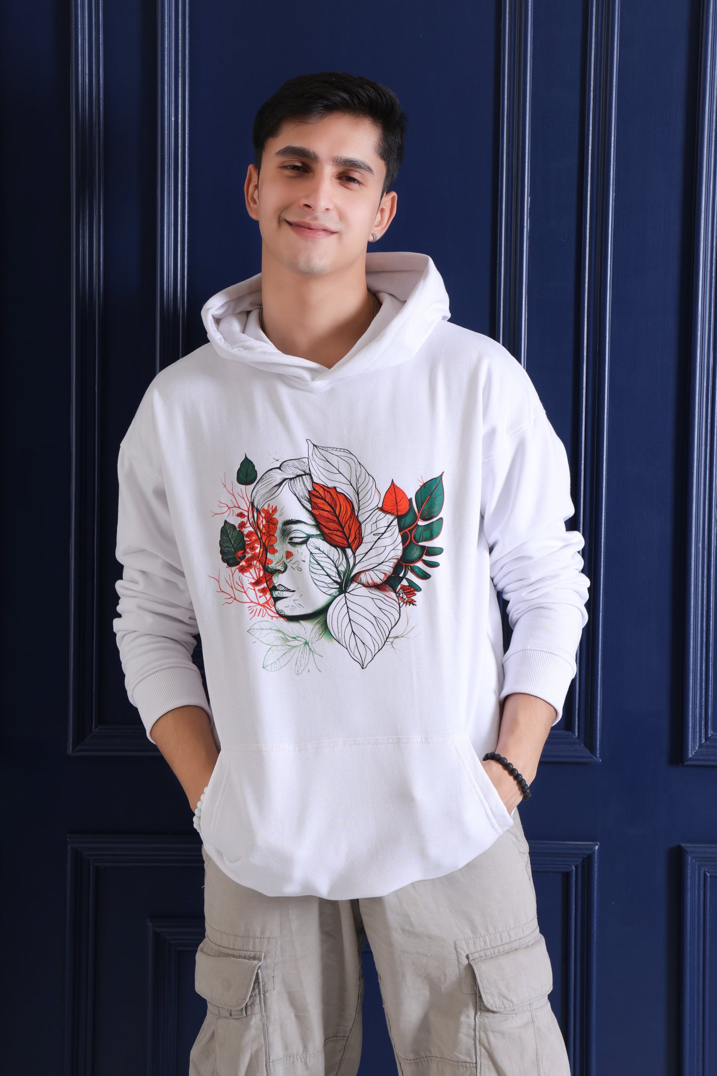 Serene Face and Foliage Design oversized fit hoodie