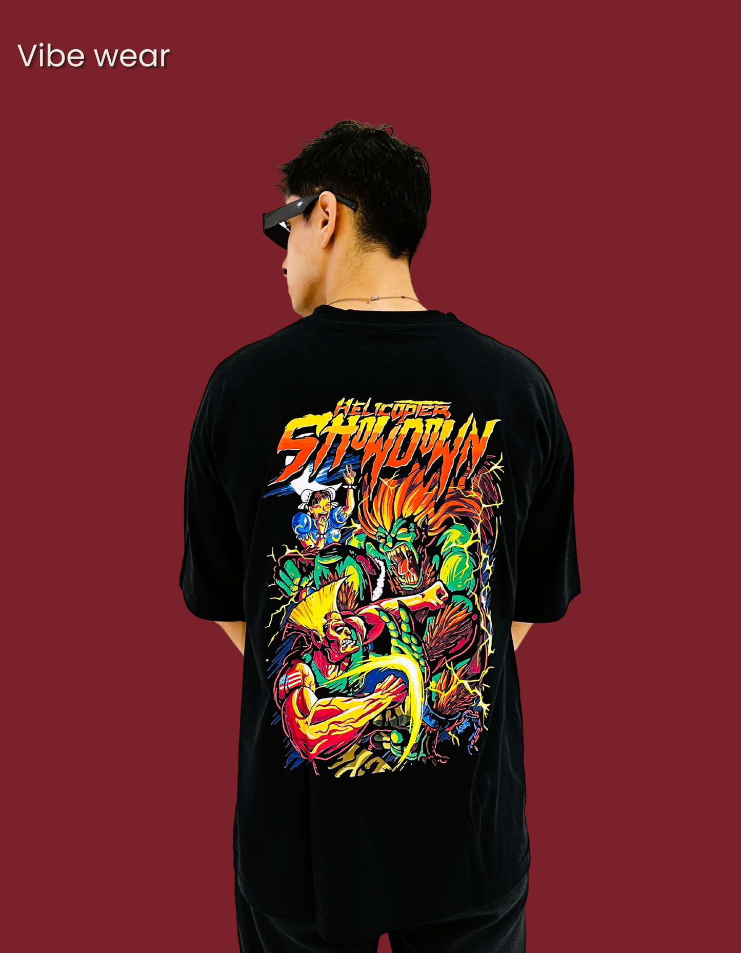 "Helicopter Showdown: Vintage Arcade Battle Graphic Tee" Oversized T-shirt