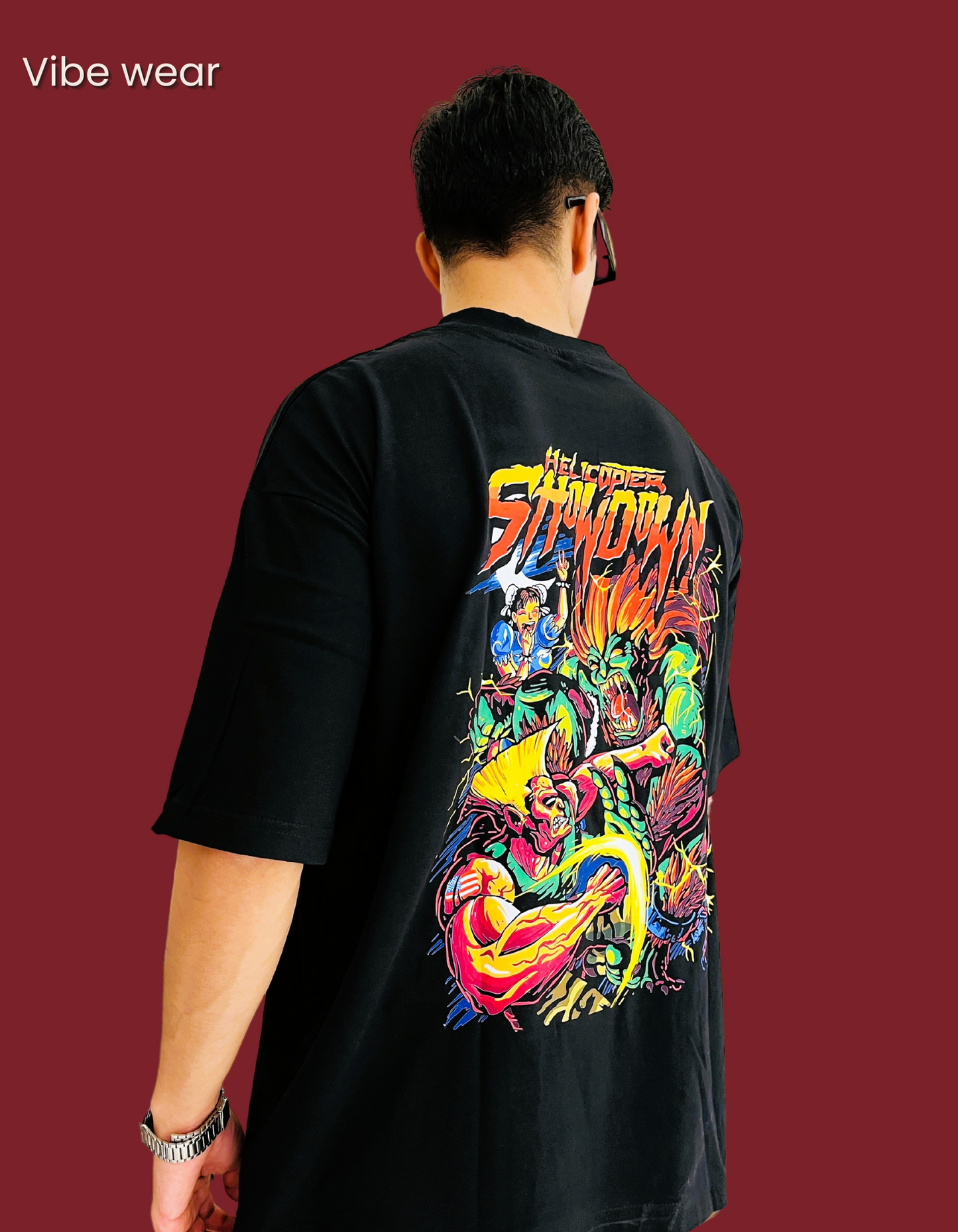 "Helicopter Showdown: Vintage Arcade Battle Graphic Tee" Oversized T-shirt