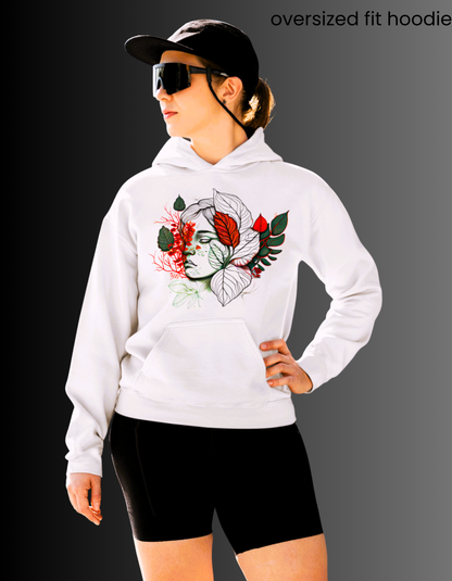 Serene Face and Foliage Design oversized fit hoodie