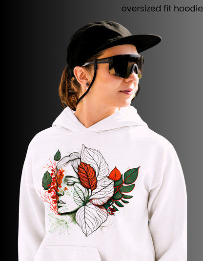 Serene Face and Foliage Design oversized fit hoodie