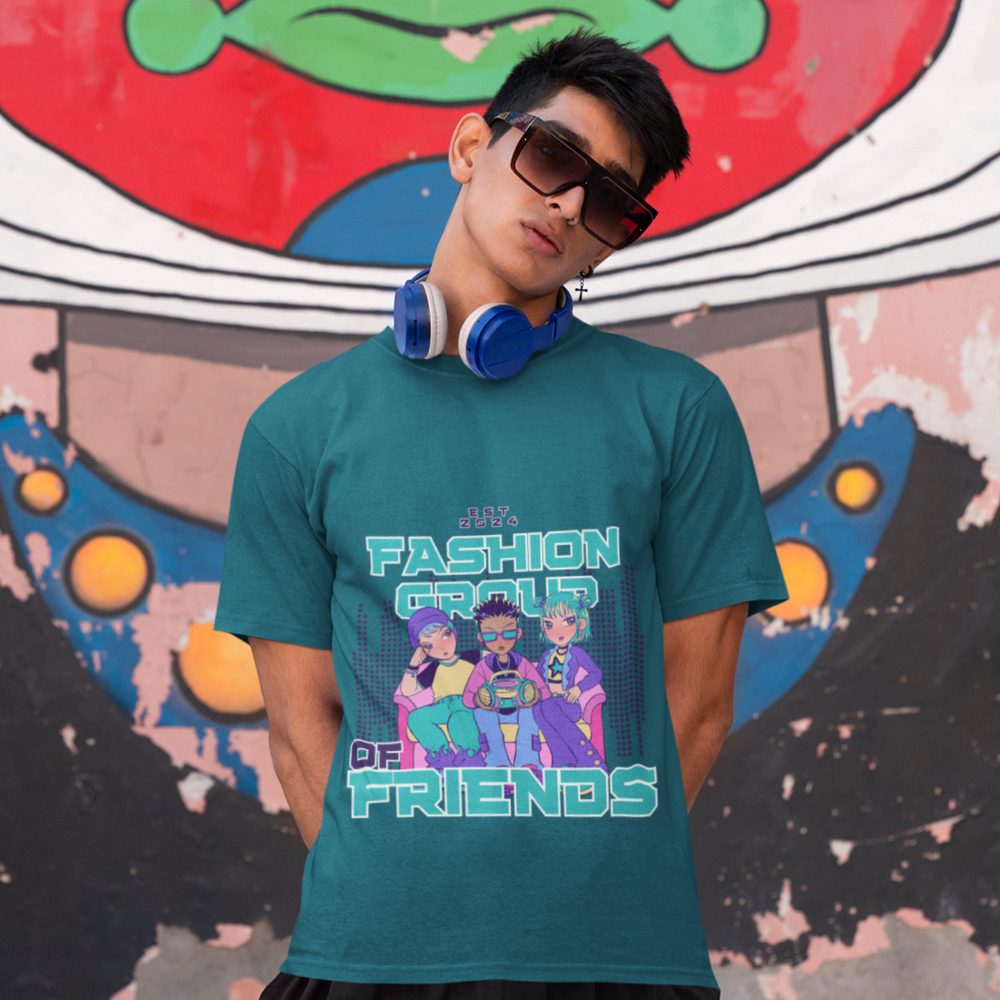 Round Neck  “Fashion of Friends” Teal T-Shirt