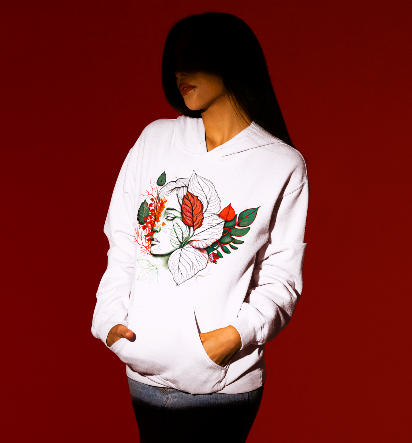 Serene Face and Foliage Design oversized fit hoodie